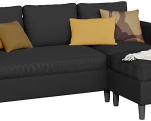 Shintenchi L Shape Convertible Small Sectional Sofa with Ottoman - Comfy 3 Seat Corduroy Upholstered Couch for Apartment