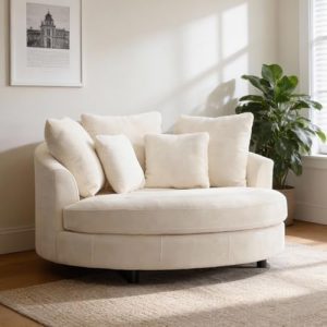 Oversized Barrel Chair 59.8" W | Extra Large Round Accent Chair with Wheels | Knitted Chenille Fabric, Beige | Ideal for