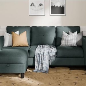SUNLEI L Shaped Convertible Sectional Couch for Apartment Living Room, 3 Seat Linen Fabric Sofa with Movable Ottoman Sto