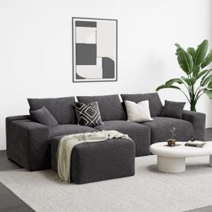 LIKIMIO 120" Comfy Cloud Couch Sofa for Living Room | Deep Seat L-Shaped Modular Sectional with Movable Ottoman | No Ass