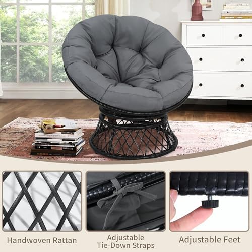 "Ergonomic Wicker Papasan Chair - 360° Swivel Indoor Outdoor Rattan Chair with Soft Thick Cushion - Ideal for Living Roo