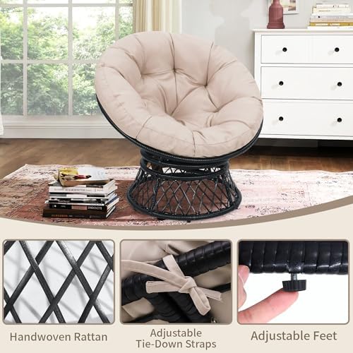 "Ergonomic Wicker Papasan Chair - 360° Swivel Indoor Outdoor Rattan Chair with Soft Thick Cushion - Ideal for Living Roo