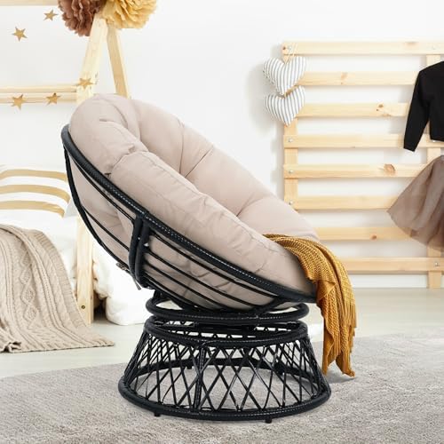 "Ergonomic Wicker Papasan Chair - 360° Swivel Indoor Outdoor Rattan Chair with Soft Thick Cushion - Ideal for Living Roo