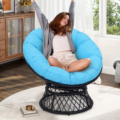 "Ergonomic Wicker Papasan Chair - 360° Swivel Indoor Outdoor Rattan Chair with Soft Thick Cushion - Ideal for Living Roo