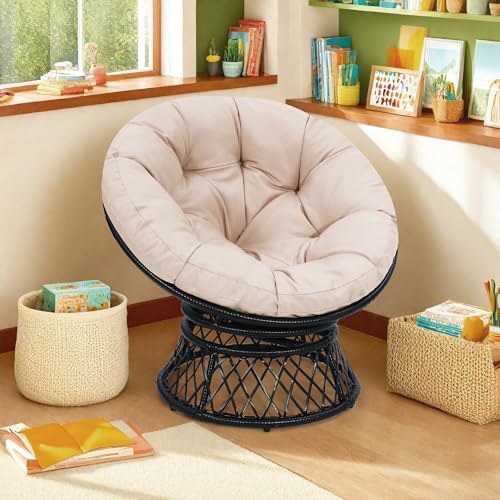 "Ergonomic Wicker Papasan Chair - 360° Swivel Indoor Outdoor Rattan Chair with Soft Thick Cushion - Ideal for Living Roo