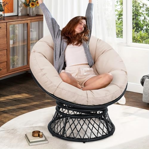 "Ergonomic Wicker Papasan Chair - 360° Swivel Indoor Outdoor Rattan Chair with Soft Thick Cushion - Ideal for Living Roo