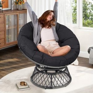 "Ergonomic Wicker Papasan Chair - 360° Swivel Indoor Outdoor Rattan Chair with Soft Thick Cushion - Ideal for Living Roo