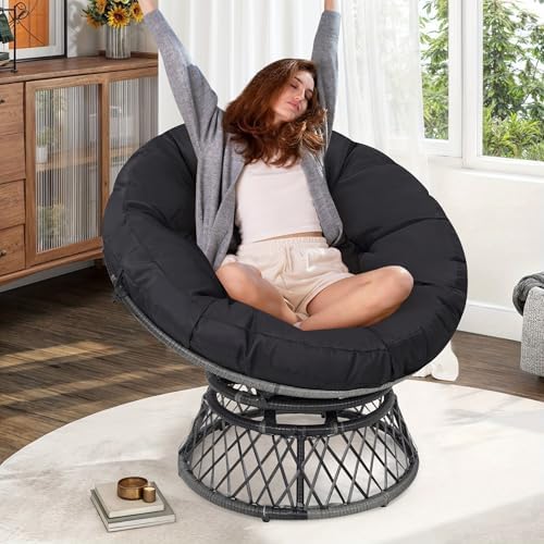 "Ergonomic Wicker Papasan Chair - 360° Swivel Indoor Outdoor Rattan Chair with Soft Thick Cushion - Ideal for Living Roo